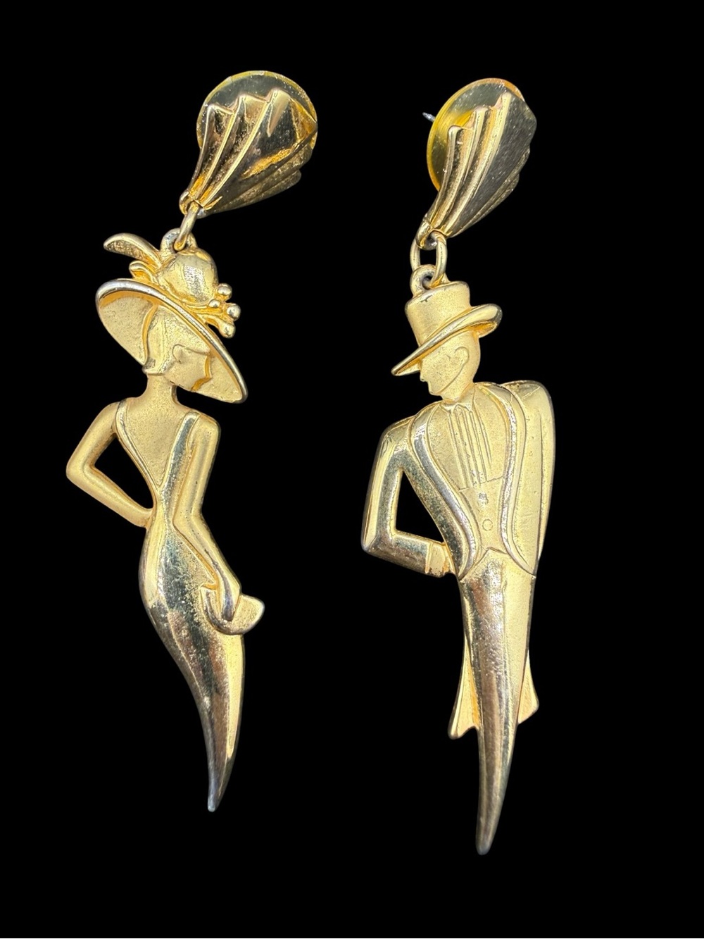 Vintage Jonette Jewelry Gold-Tone Art Deco Couple Drop Earrings
